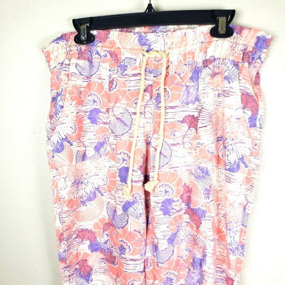 Women's Roxy Flax Linen Pink and Purple  Drawstring Relaxed Raw Hem Pants Sz LRG - Picture 9 of 14